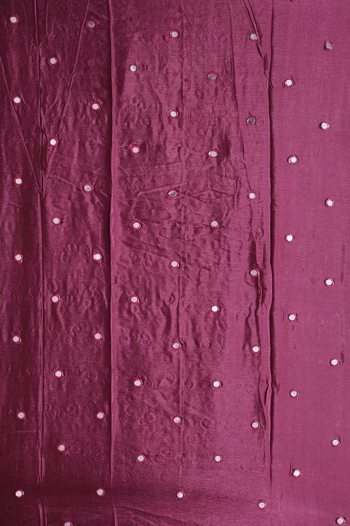 2 Meter Cut Piece Of Real Mirror Embroidery Work On Maroon Viscose Chinnon Chiffon Fabric