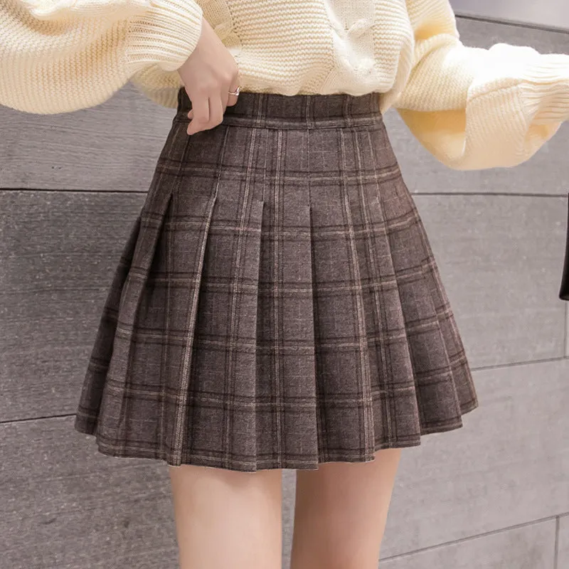 2022 for Women Slim Looking A-line pleatd skirt high waist winter woolen plaid skater dress