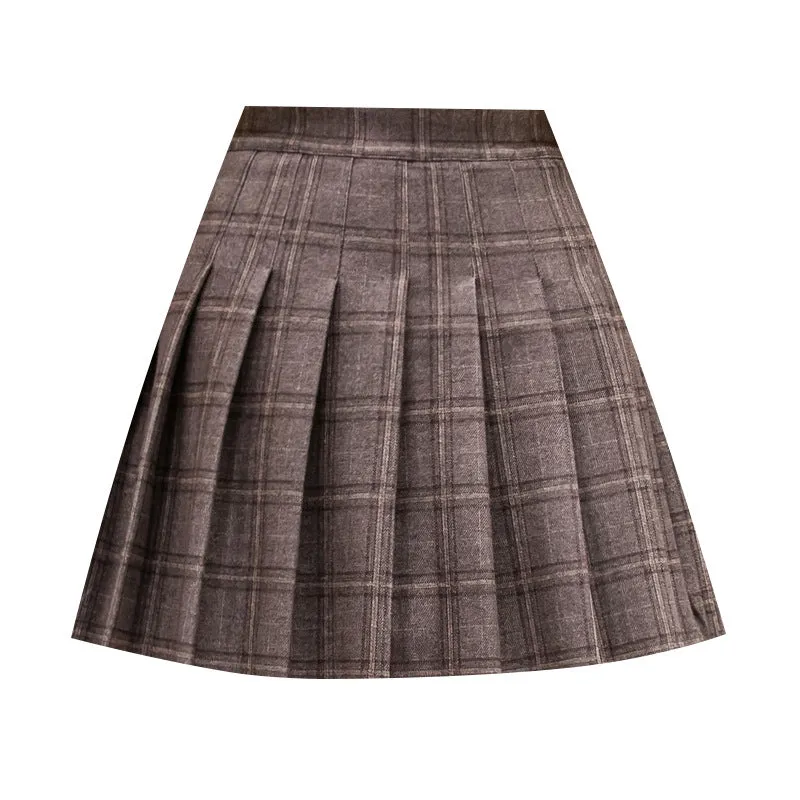 2022 for Women Slim Looking A-line pleatd skirt high waist winter woolen plaid skater dress