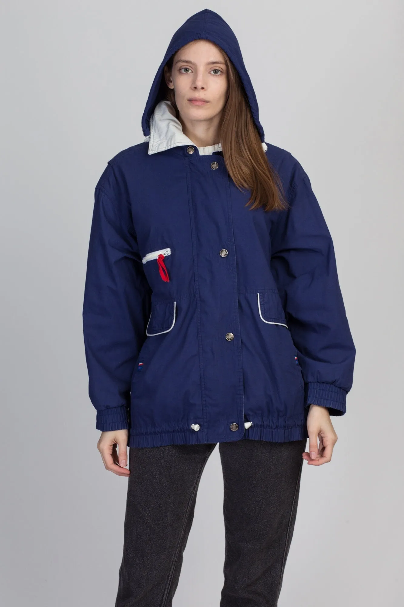 80s Navy Blue Nautical Windbreaker Jacket - Large
