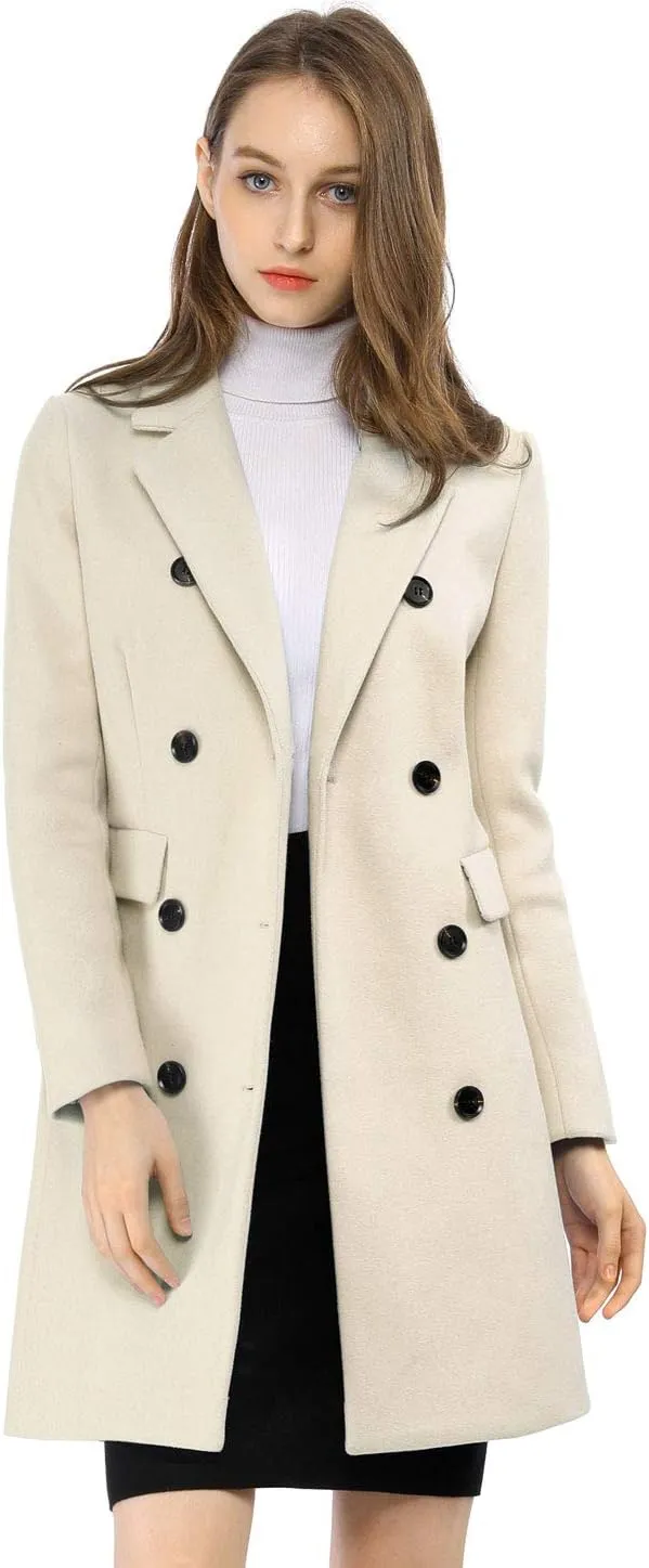 Allegra K Women's Winter Coat Elegant Notched Lapel Double Breasted Trench Coat