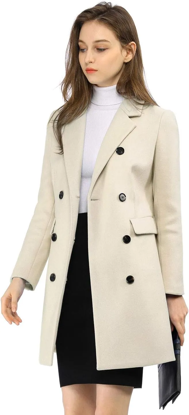 Allegra K Women's Winter Coat Elegant Notched Lapel Double Breasted Trench Coat