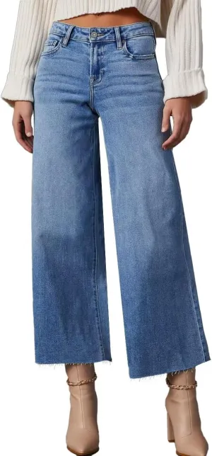 Allimy Women's High Waisted Straight Ankle Wide Leg Ripped Jeans Frayed Hem Stretchy Capri Denim Pants