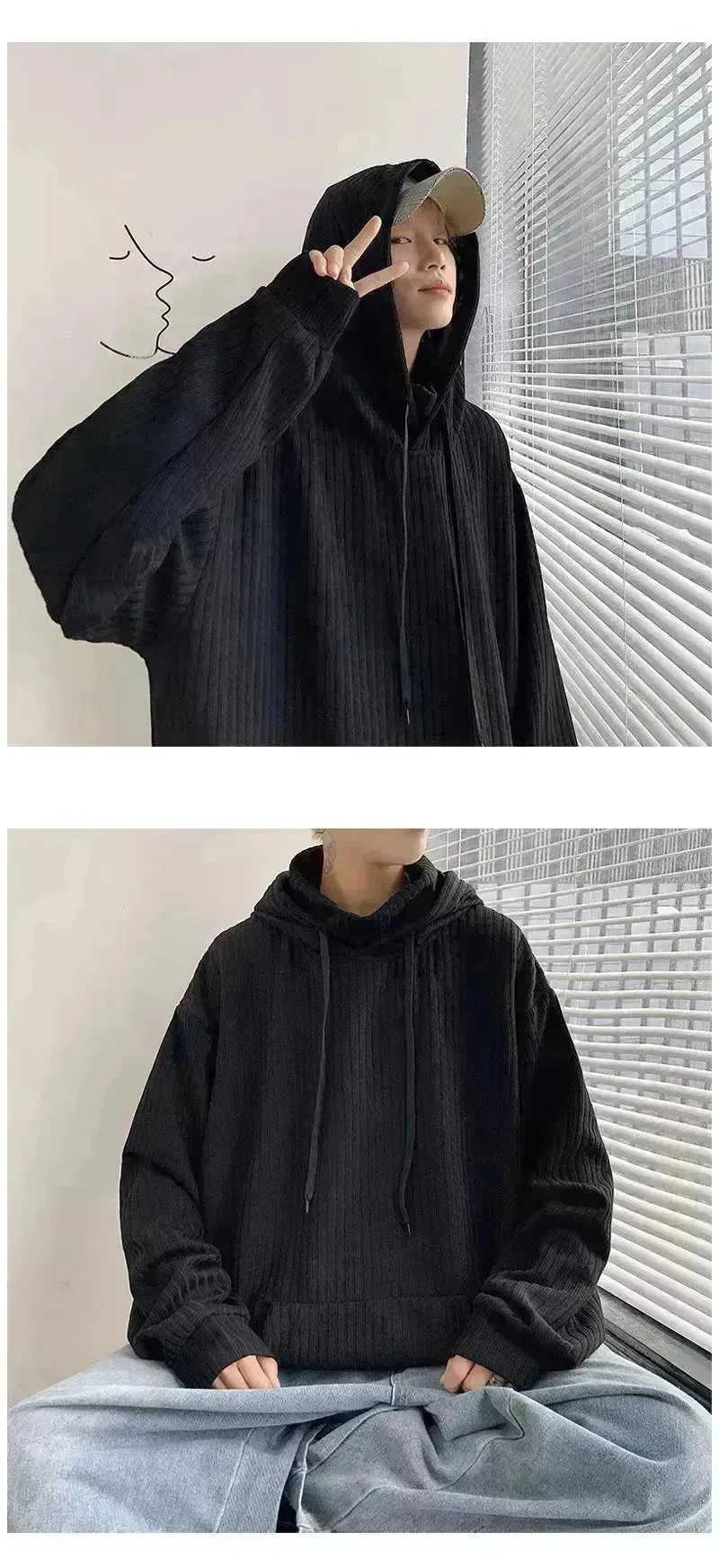 American Oversized Drawstring Turtleneck Hoodie Sweatshirt Men