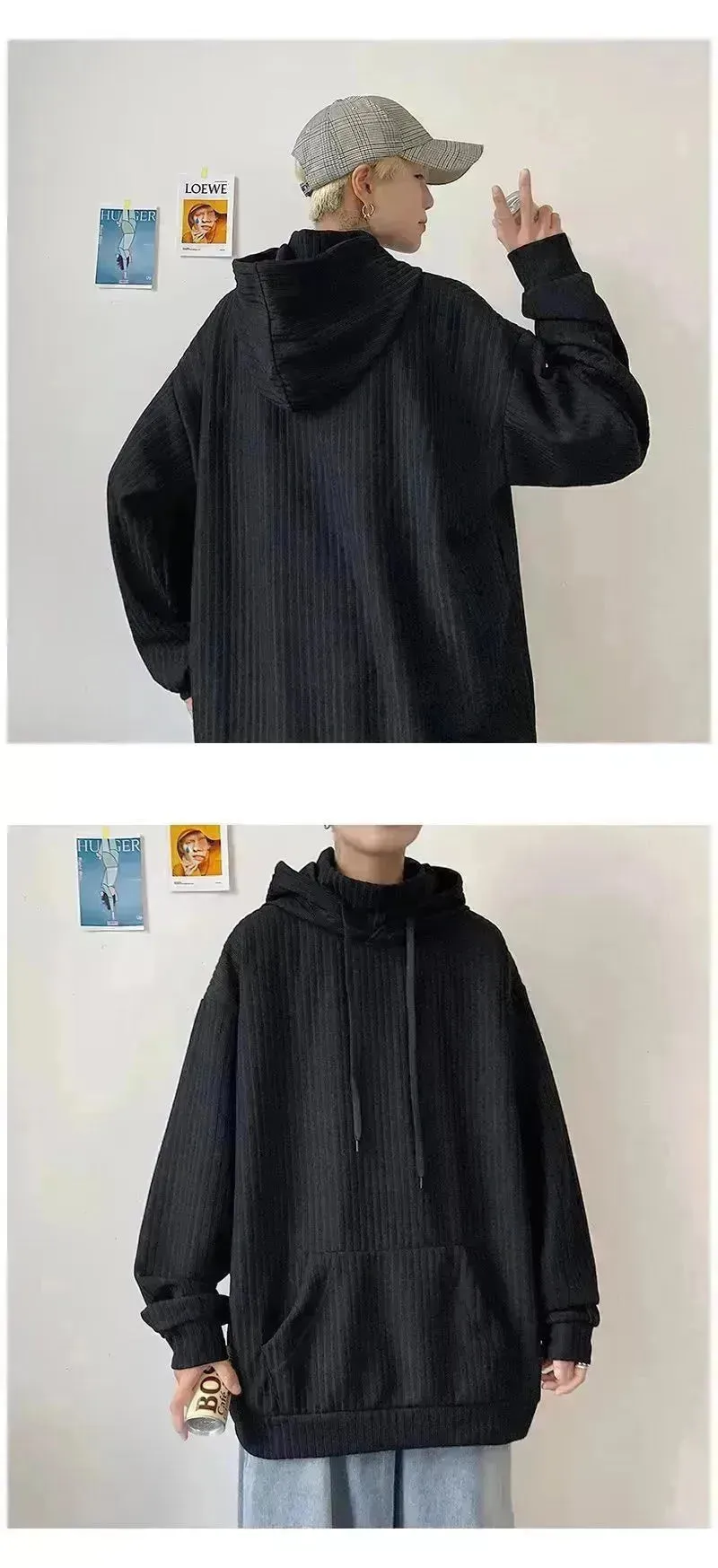 American Oversized Drawstring Turtleneck Hoodie Sweatshirt Men