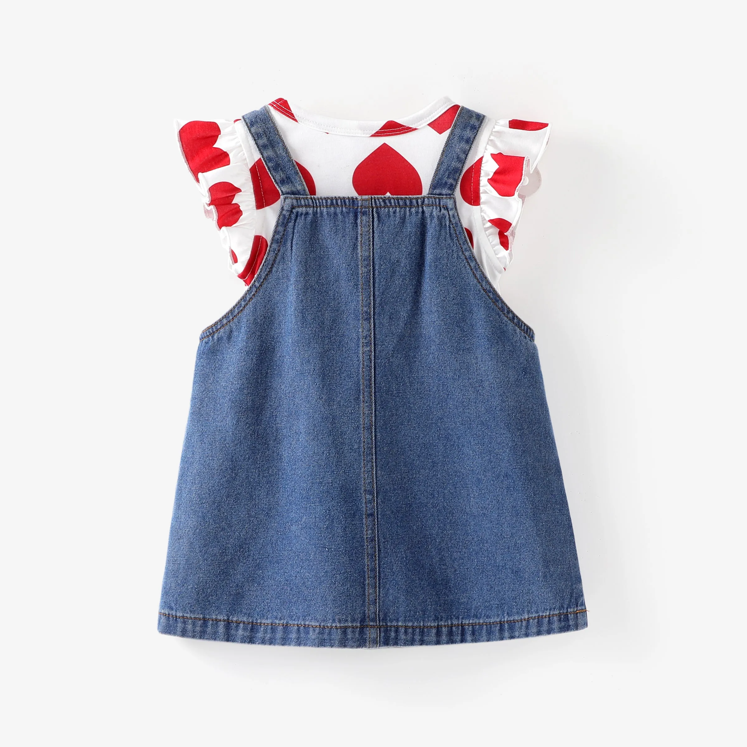 Baby Girl 2pcs Heart Print Tee and Heart Rabbit Embroidery Denim Overall Dress Set