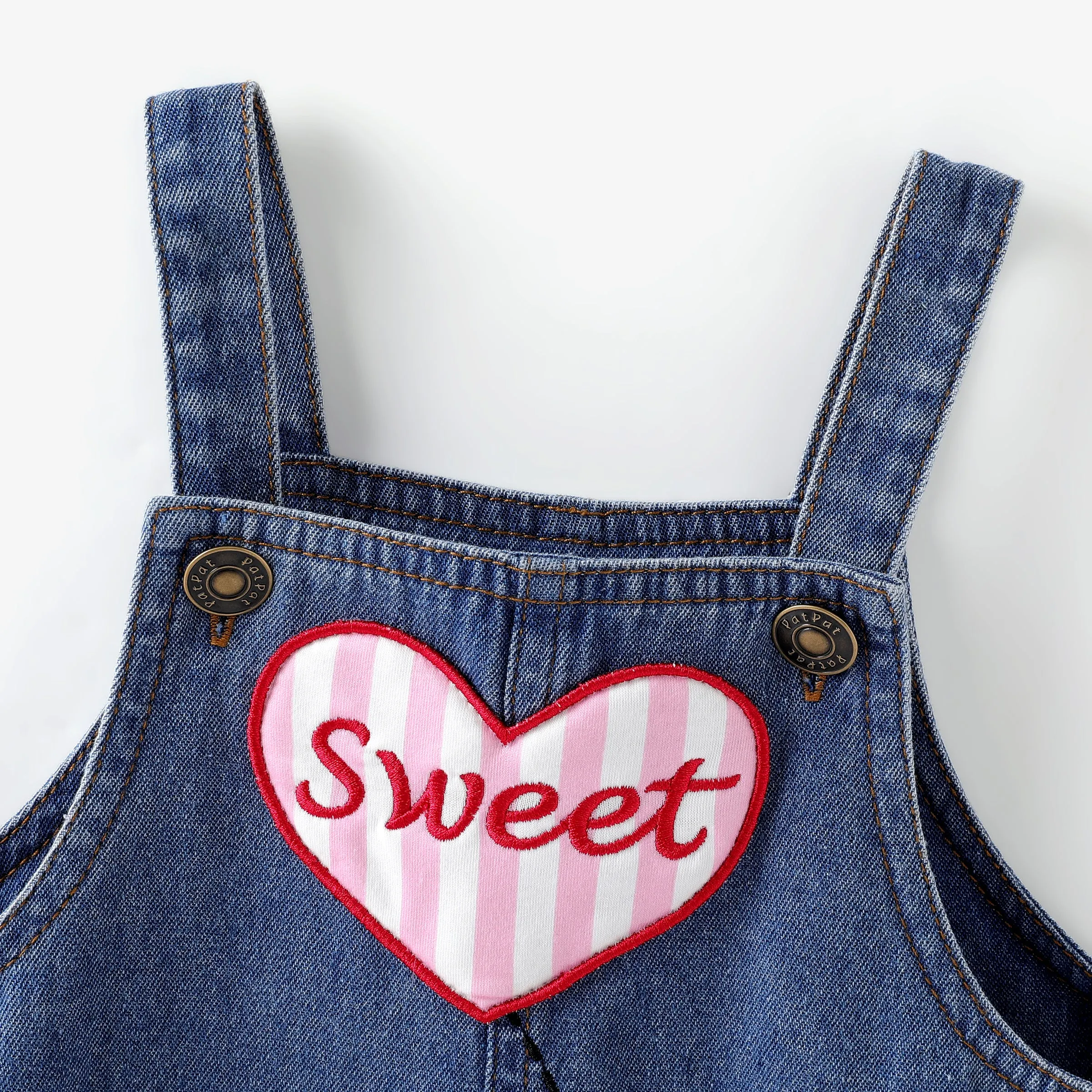 Baby Girl 2pcs Heart Print Tee and Heart Rabbit Embroidery Denim Overall Dress Set