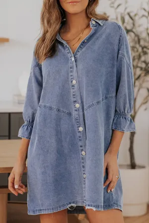 Blue Denim Mini Dress Shirt with Flounce Sleeve & Collared Neck