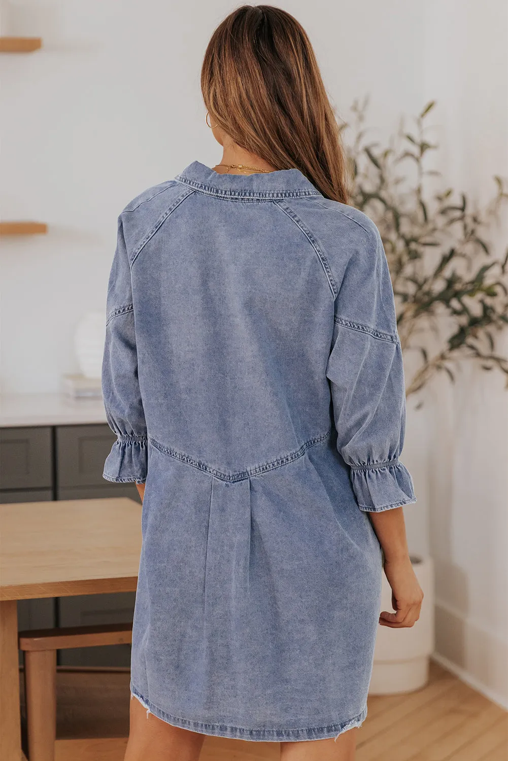 Blue Denim Mini Dress Shirt with Flounce Sleeve & Collared Neck