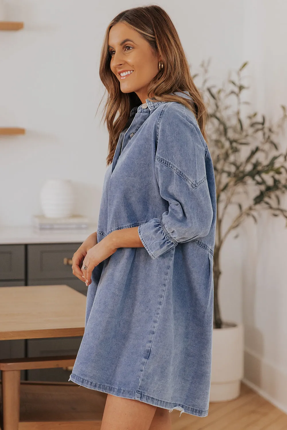 Blue Denim Mini Dress Shirt with Flounce Sleeve & Collared Neck