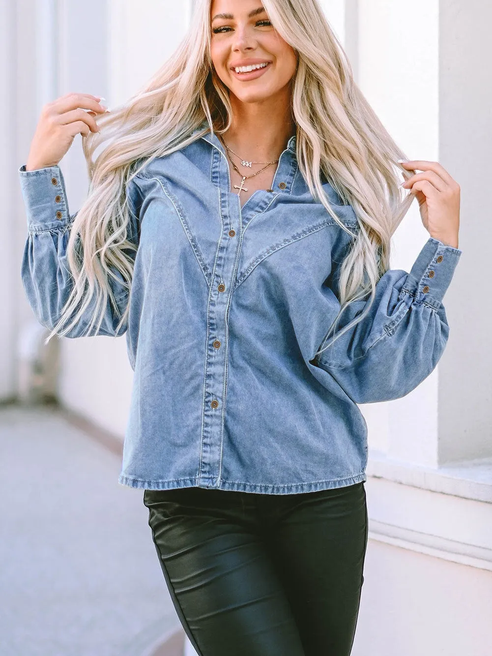 Blue Denim Shirt with V-neckline and Puff Sleeves