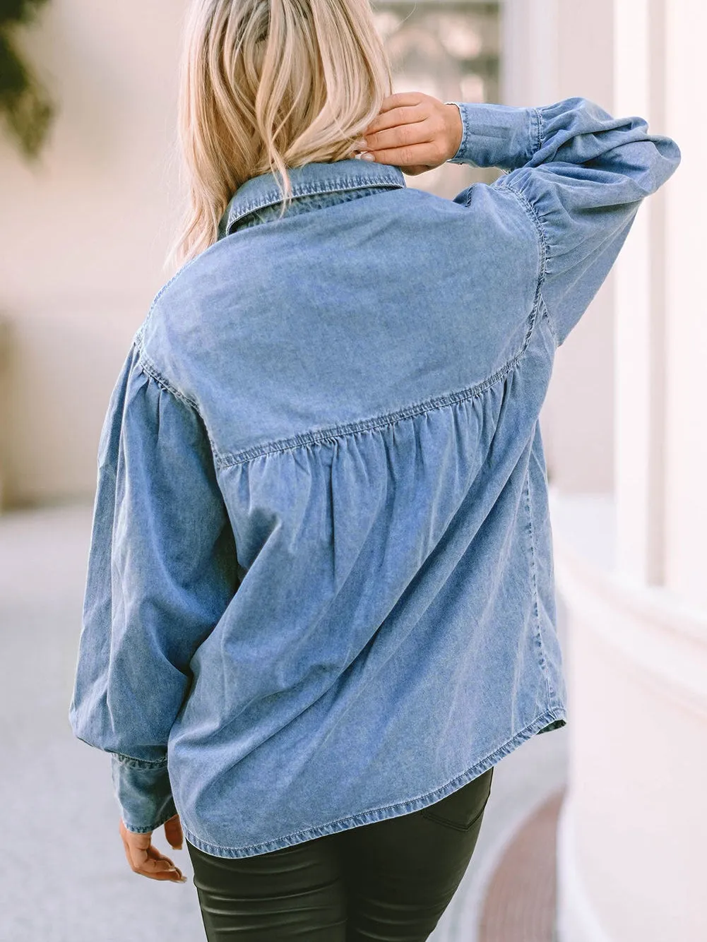 Blue Denim Shirt with V-neckline and Puff Sleeves