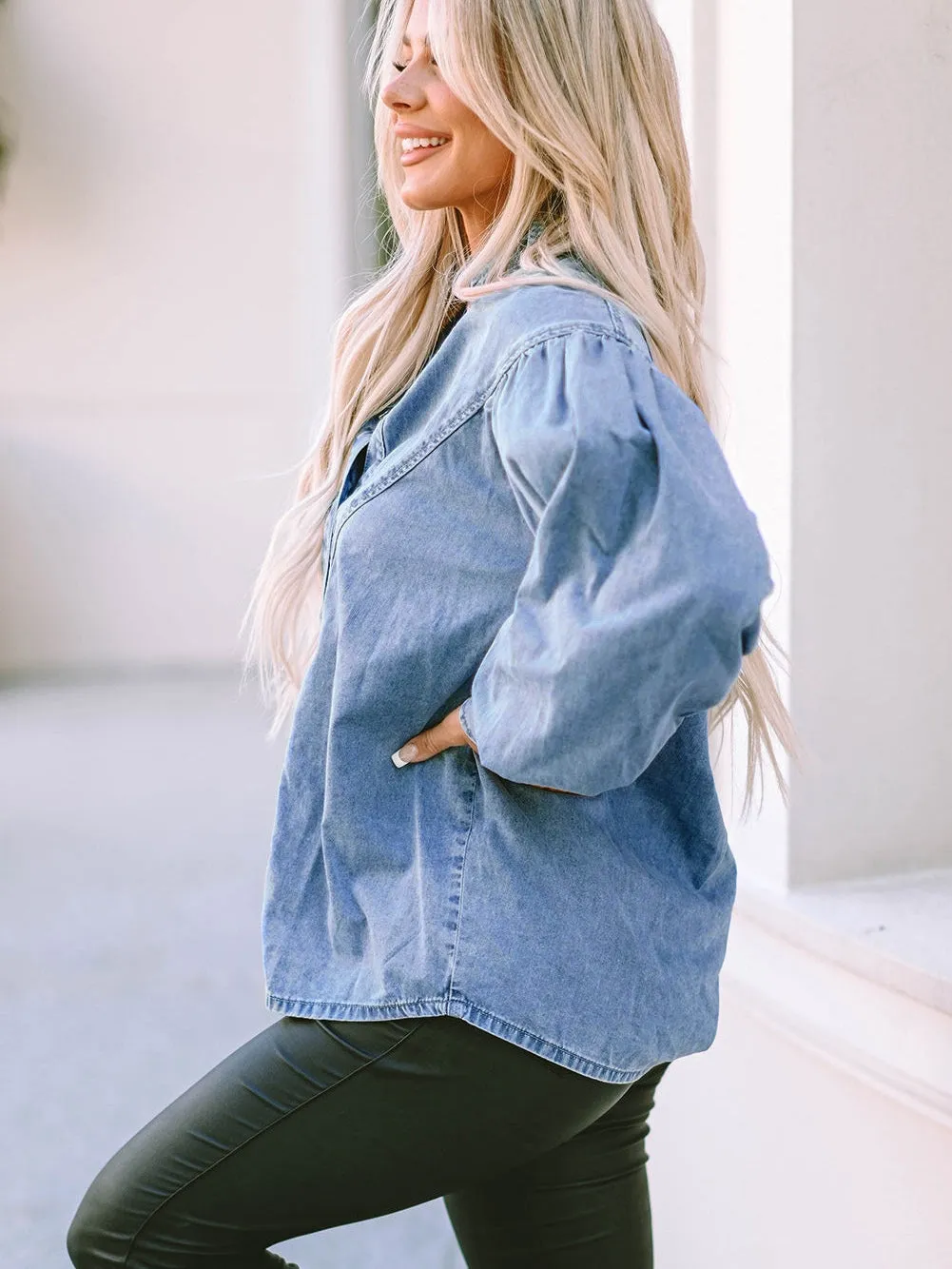 Blue Denim Shirt with V-neckline and Puff Sleeves
