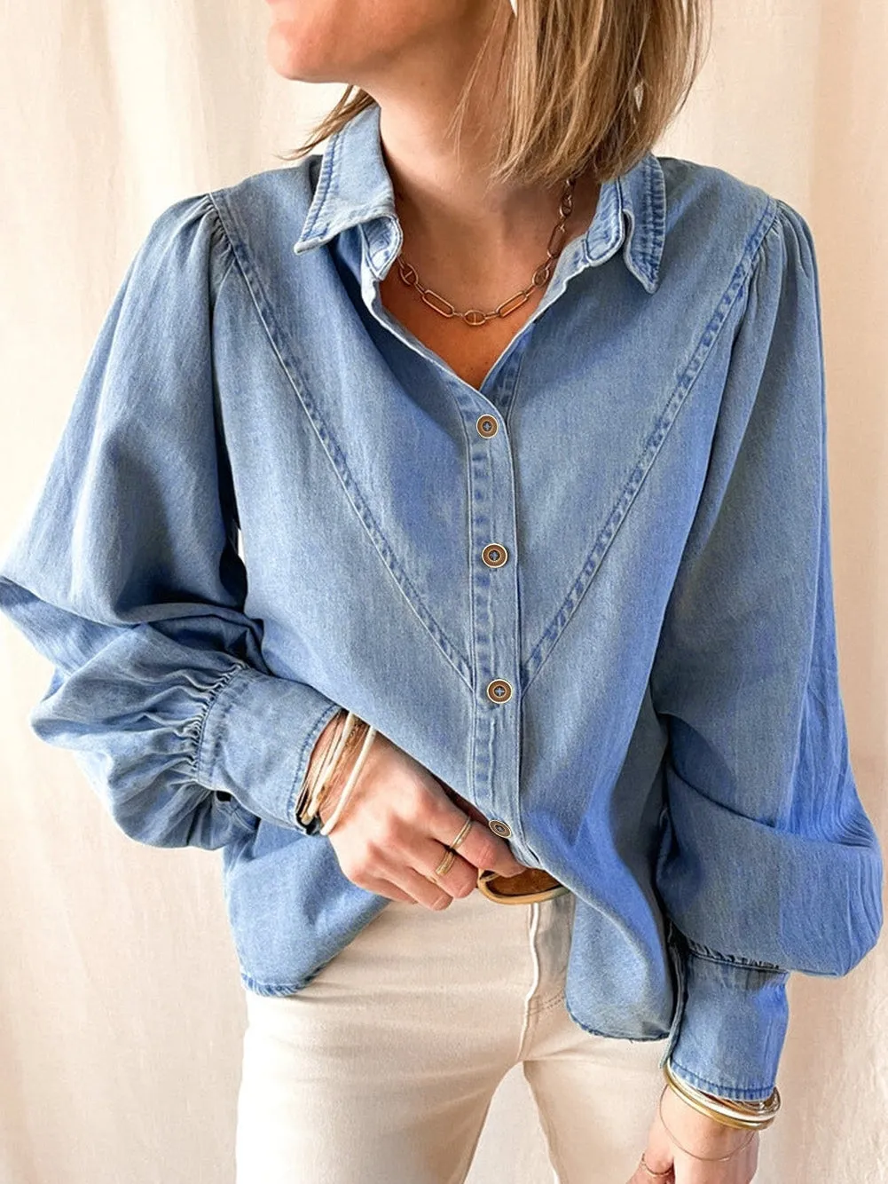 Blue Denim Shirt with V-neckline and Puff Sleeves