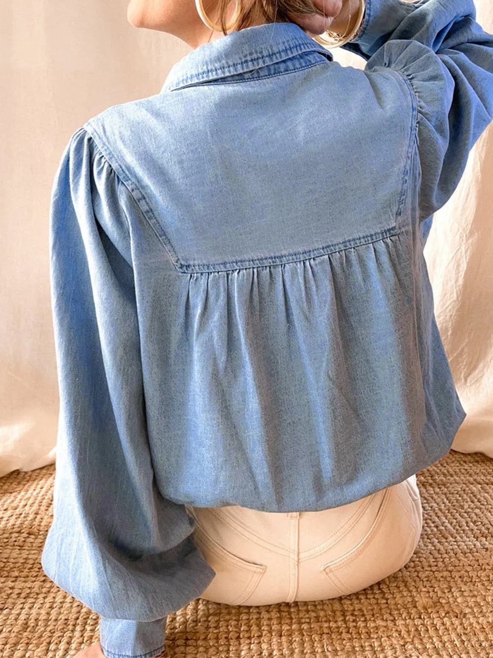 Blue Denim Shirt with V-neckline and Puff Sleeves