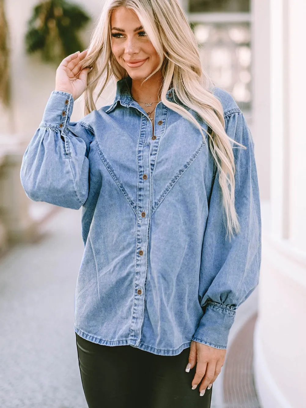 Blue Denim Shirt with V-neckline and Puff Sleeves