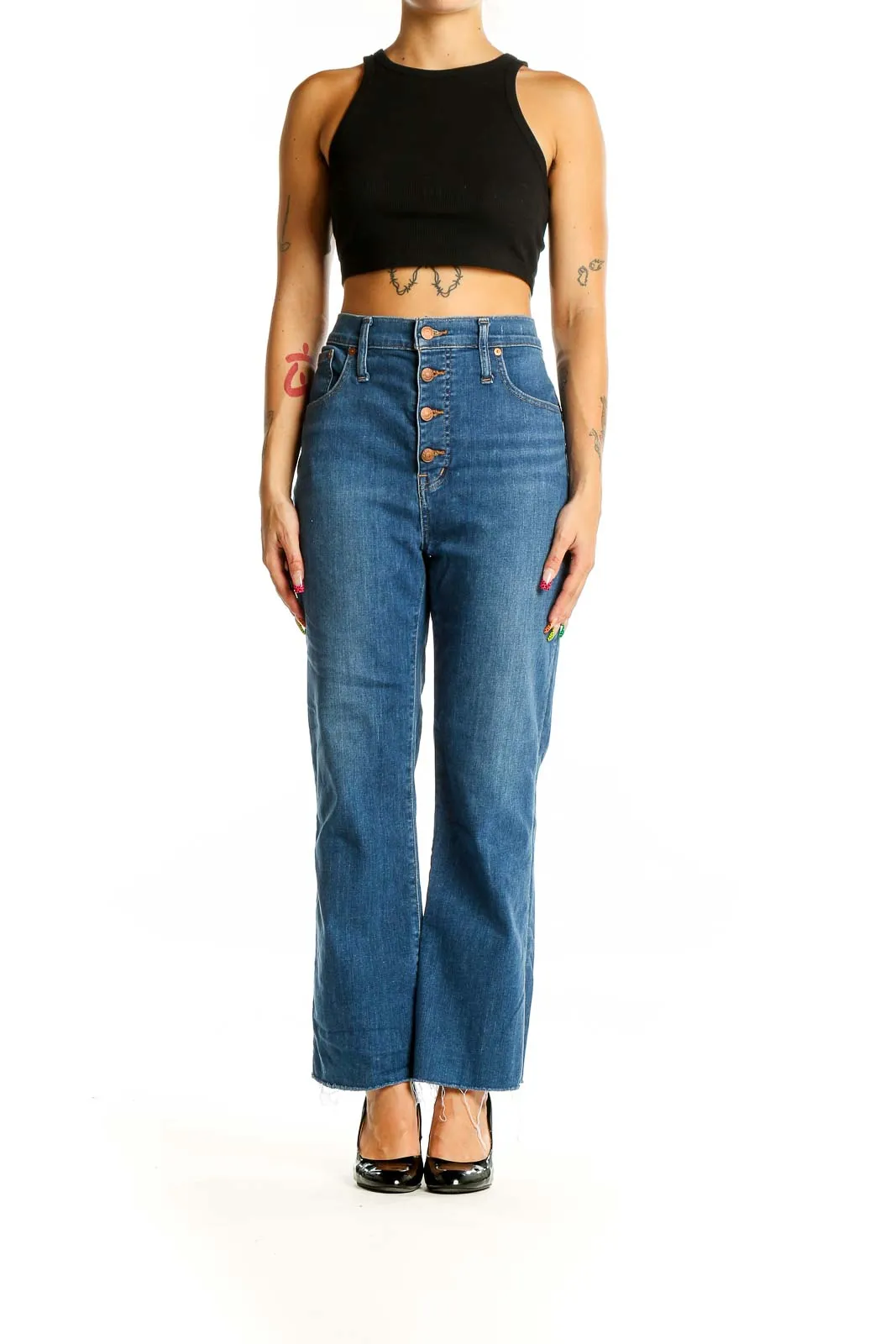 Blue High-Waisted Wide-Leg Denim Jeans