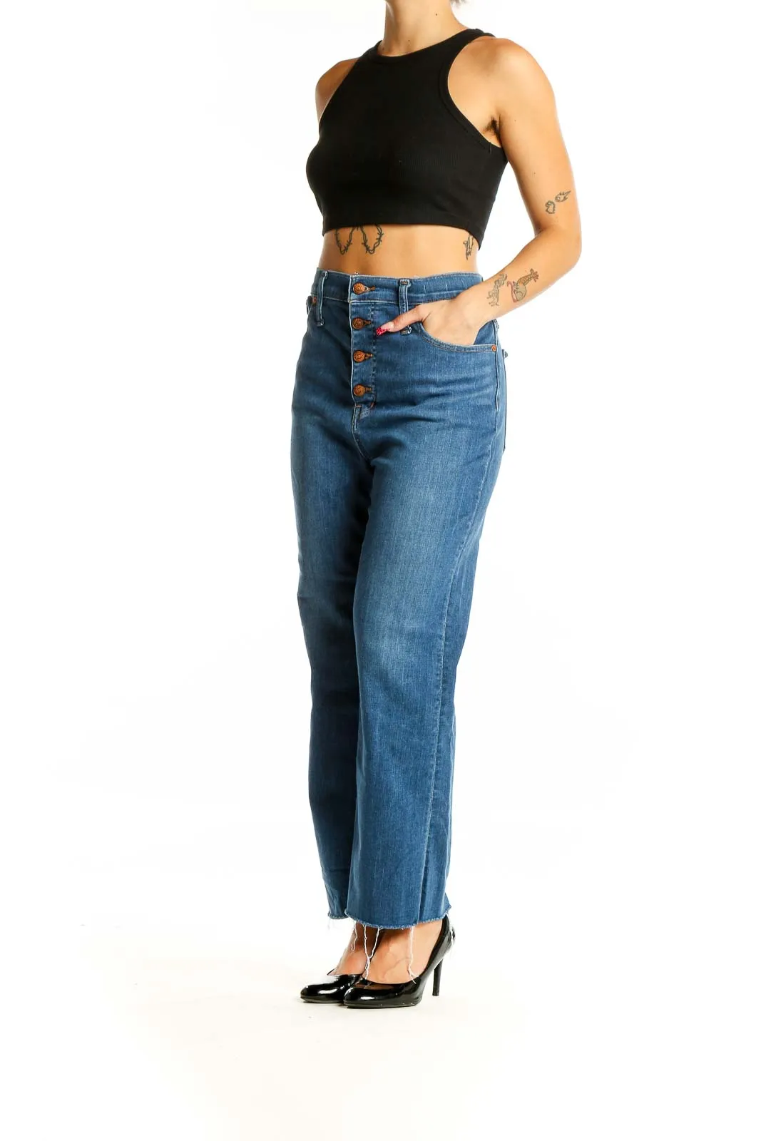 Blue High-Waisted Wide-Leg Denim Jeans