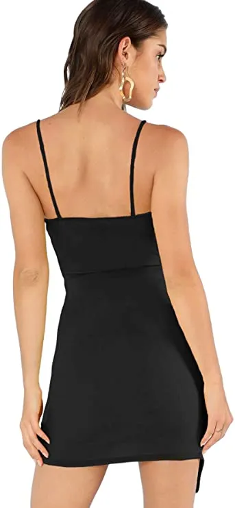 Blue Women's Ruched Asymmetrical Deep V Neck Sleeveless Bodycon Tank Dress - Verdusa