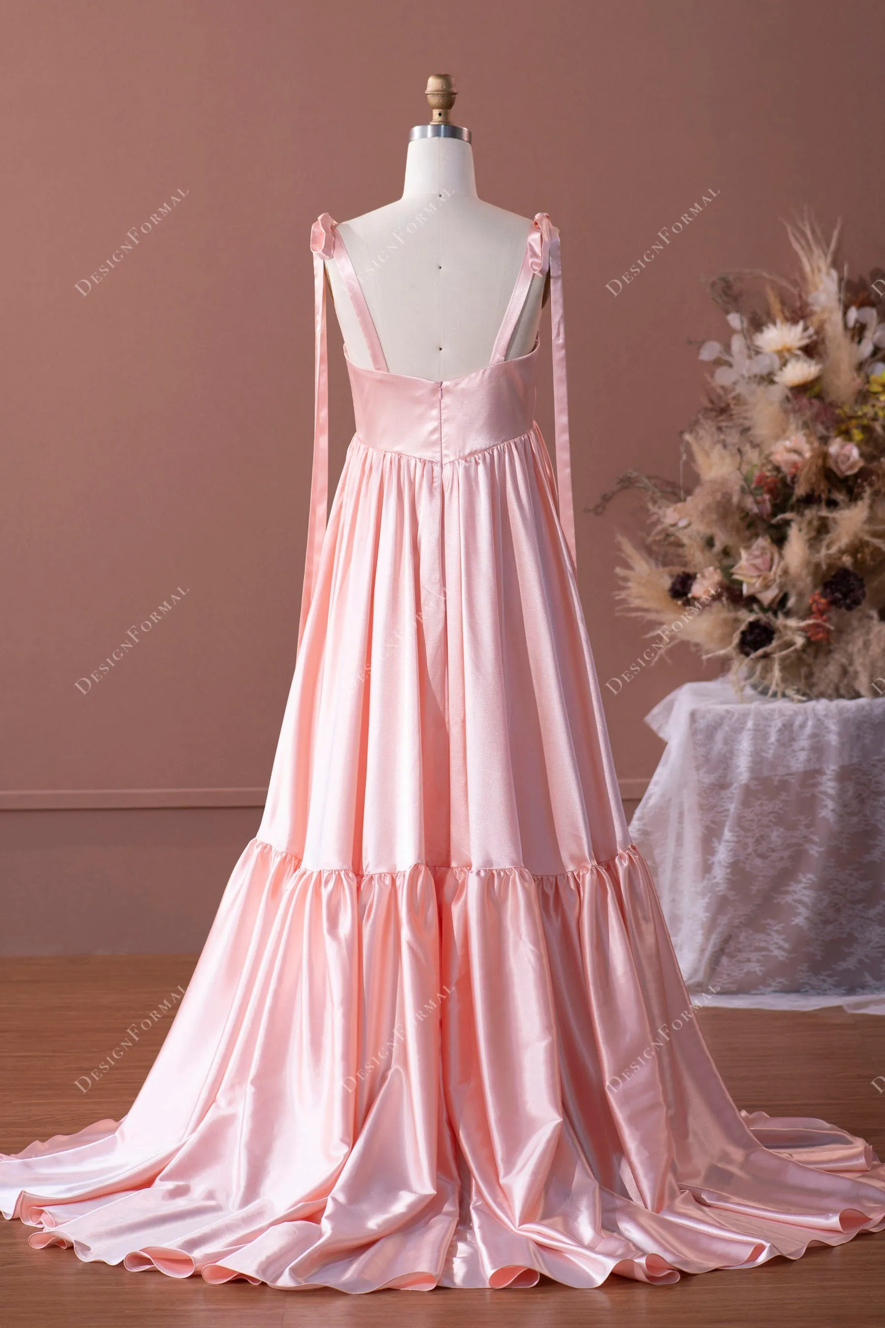 Blushing Pink Straps Long Train Empire Simple Charmeuse Formal Dress