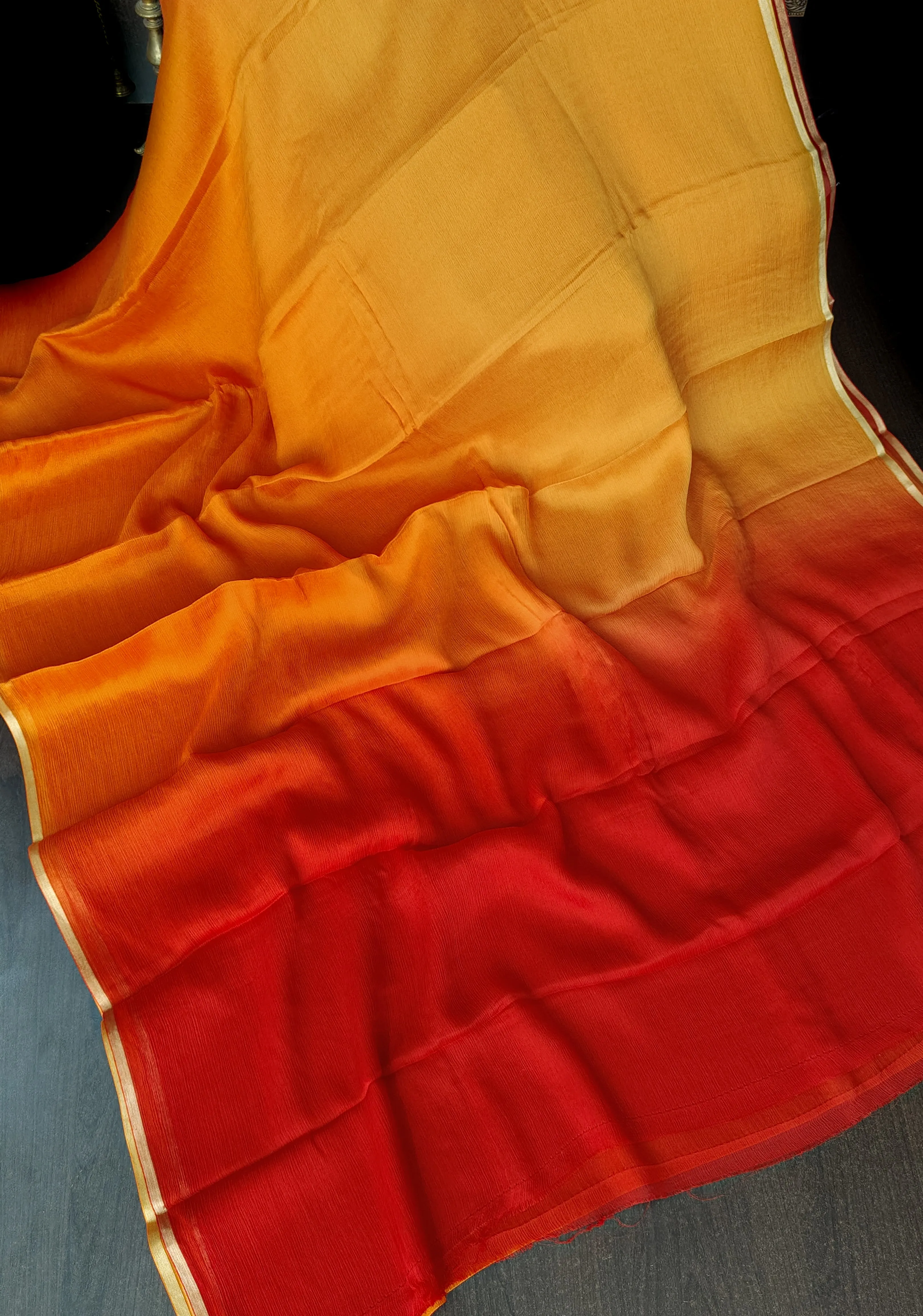 Bollywood style ombre pure chiffon Saree in Orange and Ochre, No Blouse Piece