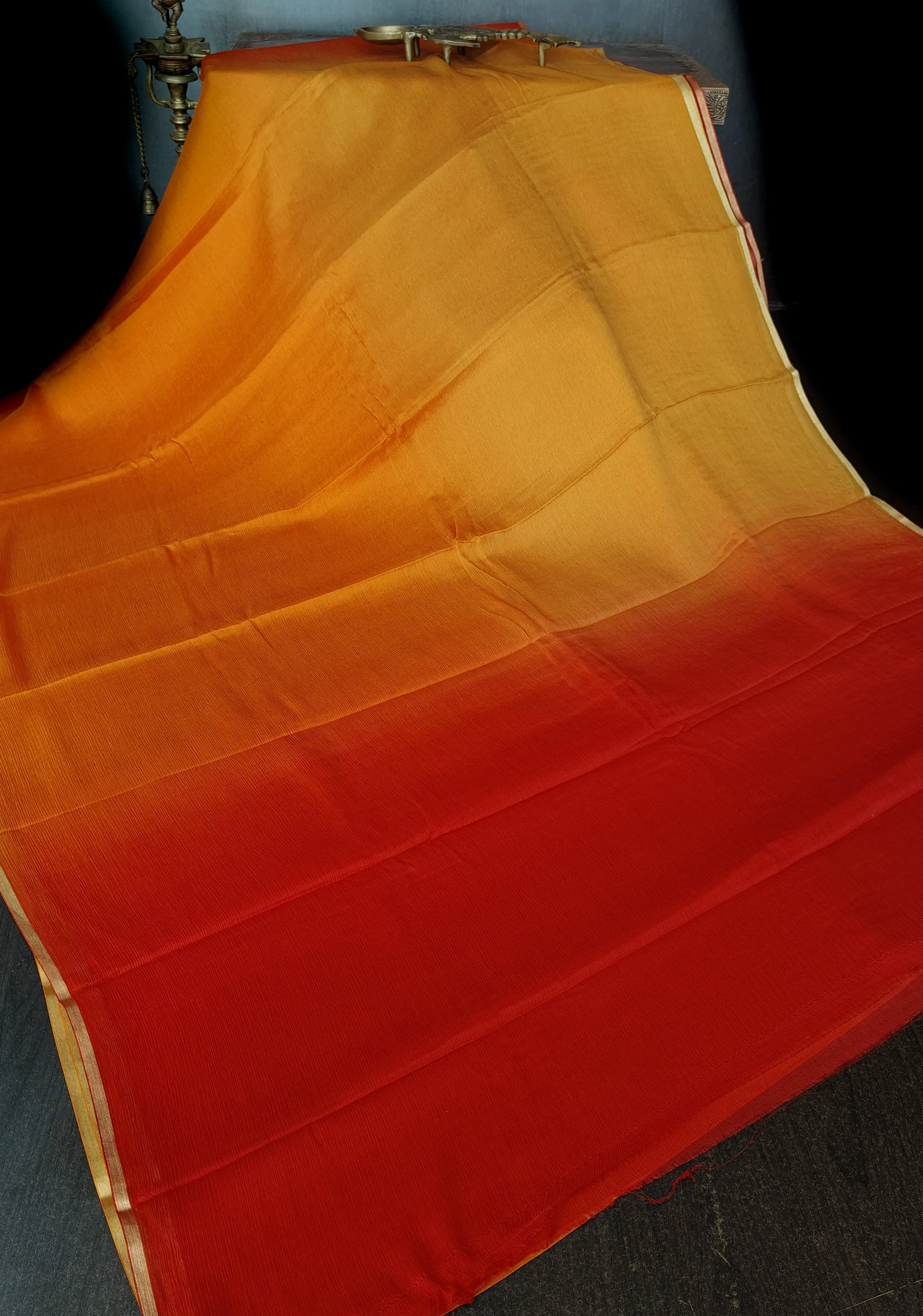Bollywood style ombre pure chiffon Saree in Orange and Ochre, No Blouse Piece