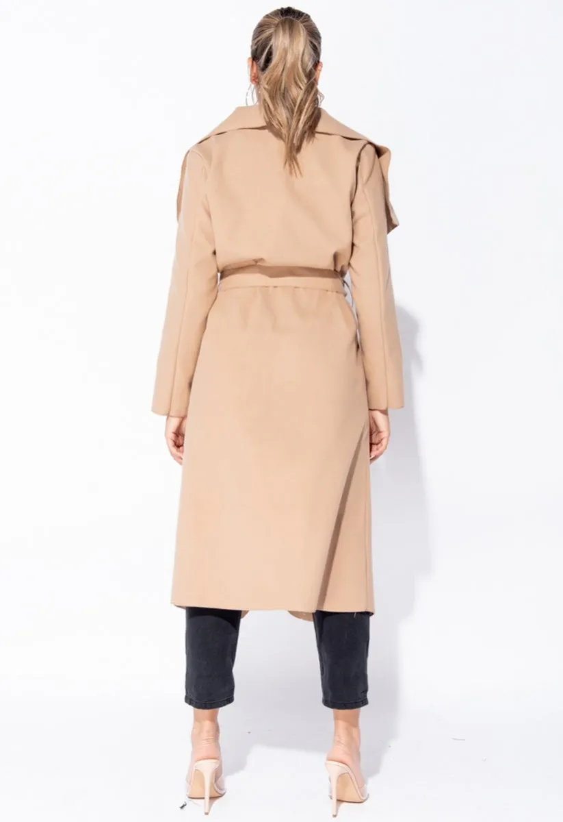 Camel Plus Size Waterfall Collar Belted Duster Coat
