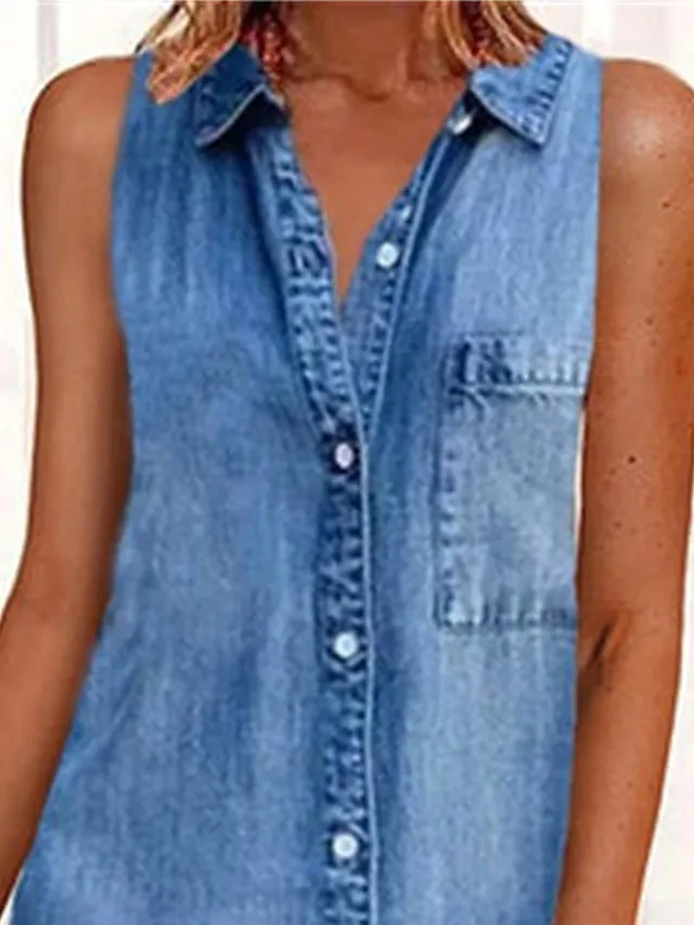 Casual Dress Denim Shirt Dress Mini Dress Denim Modern Casual Outdoor Daily Shirt Collar Button Pocket Sleeveless Summer Spring  Regular Fit Blue Plain S M L XL 2XL for Women