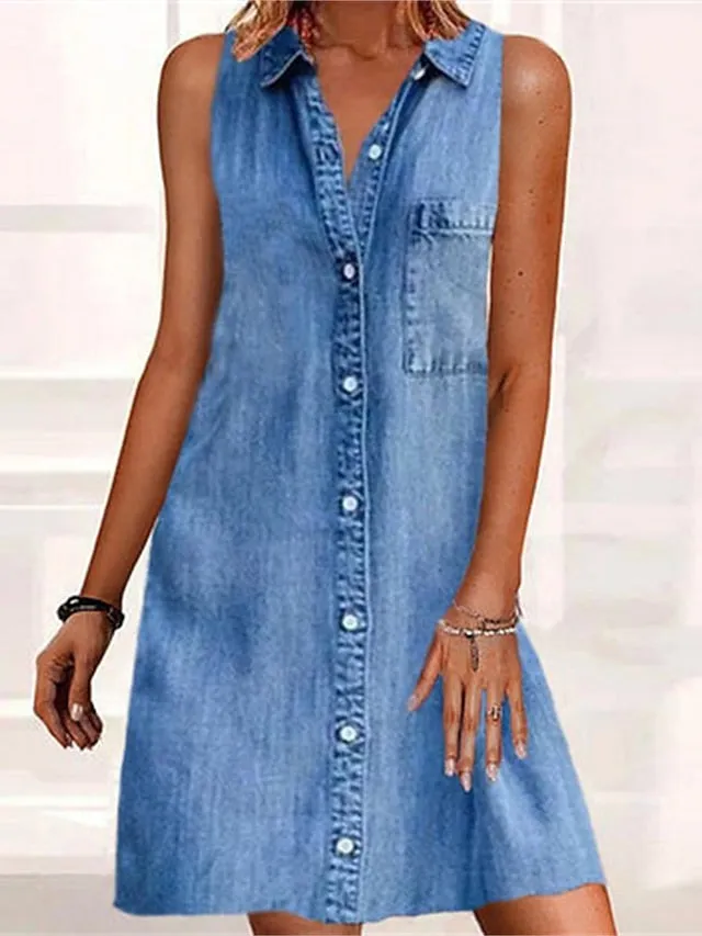 Casual Dress Denim Shirt Dress Mini Dress Denim Modern Casual Outdoor Daily Shirt Collar Button Pocket Sleeveless Summer Spring  Regular Fit Blue Plain S M L XL 2XL for Women