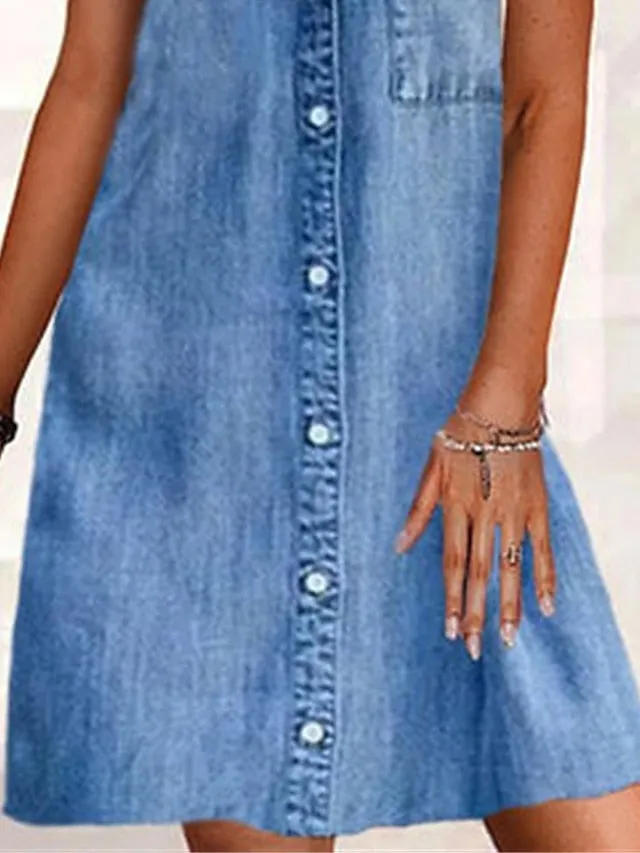 Casual Dress Denim Shirt Dress Mini Dress Denim Modern Casual Outdoor Daily Shirt Collar Button Pocket Sleeveless Summer Spring  Regular Fit Blue Plain S M L XL 2XL for Women