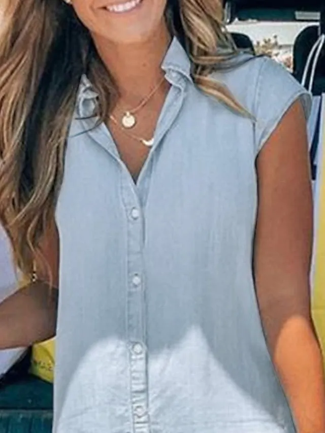 Casual Dress Denim Shirt Dress Mini Dress Denim Modern Casual Outdoor Daily Vacation Shirt Collar Ruffle Button Short Sleeve Summer Spring  Regular Fit Blue Plain S M L XL 2XL for Women