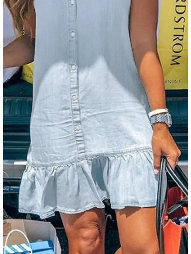 Casual Dress Denim Shirt Dress Mini Dress Denim Modern Casual Outdoor Daily Vacation Shirt Collar Ruffle Button Short Sleeve Summer Spring  Regular Fit Blue Plain S M L XL 2XL for Women