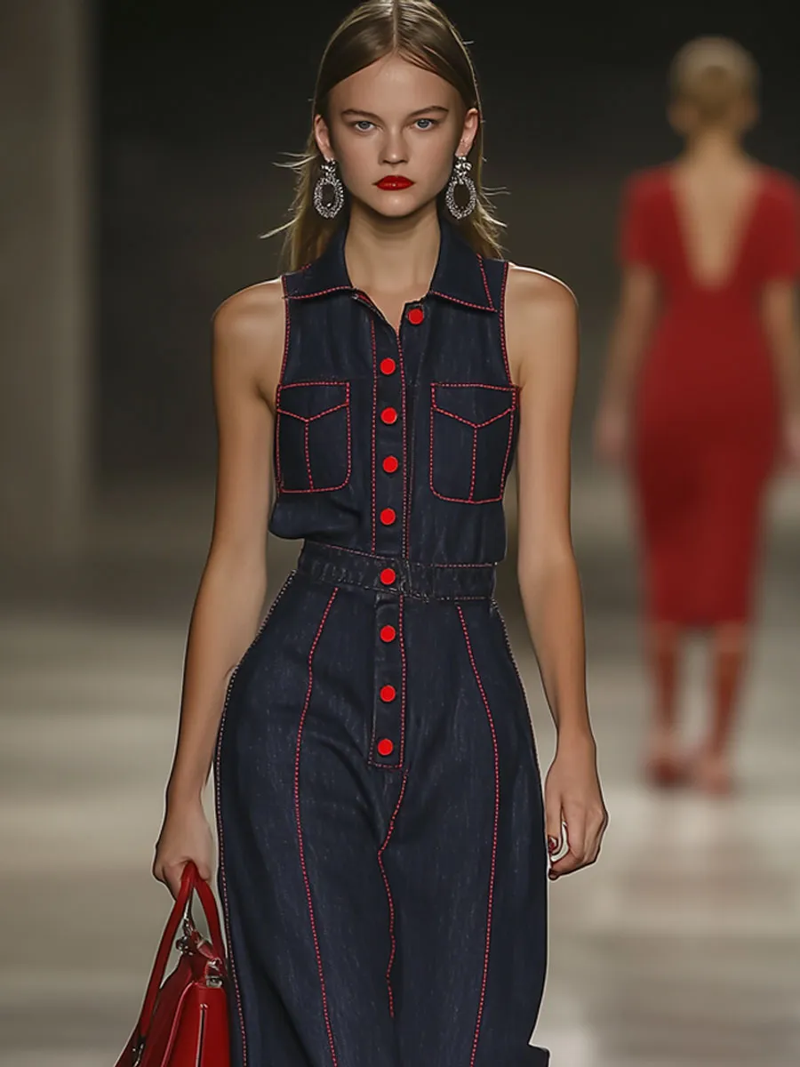 Casual Loose Retro Sleeveless Red Topstitched Denim Wide Leg Jumpsuit