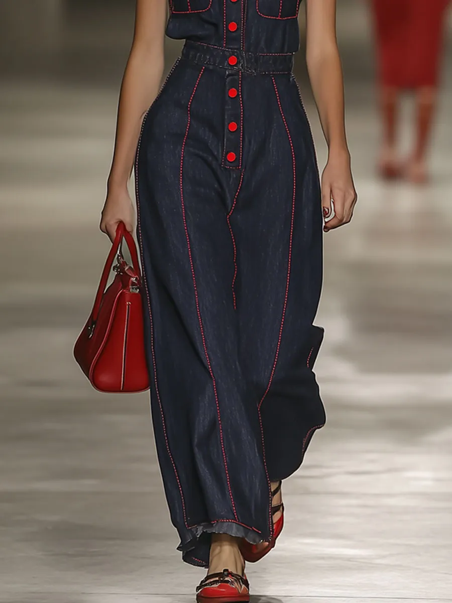 Casual Loose Retro Sleeveless Red Topstitched Denim Wide Leg Jumpsuit
