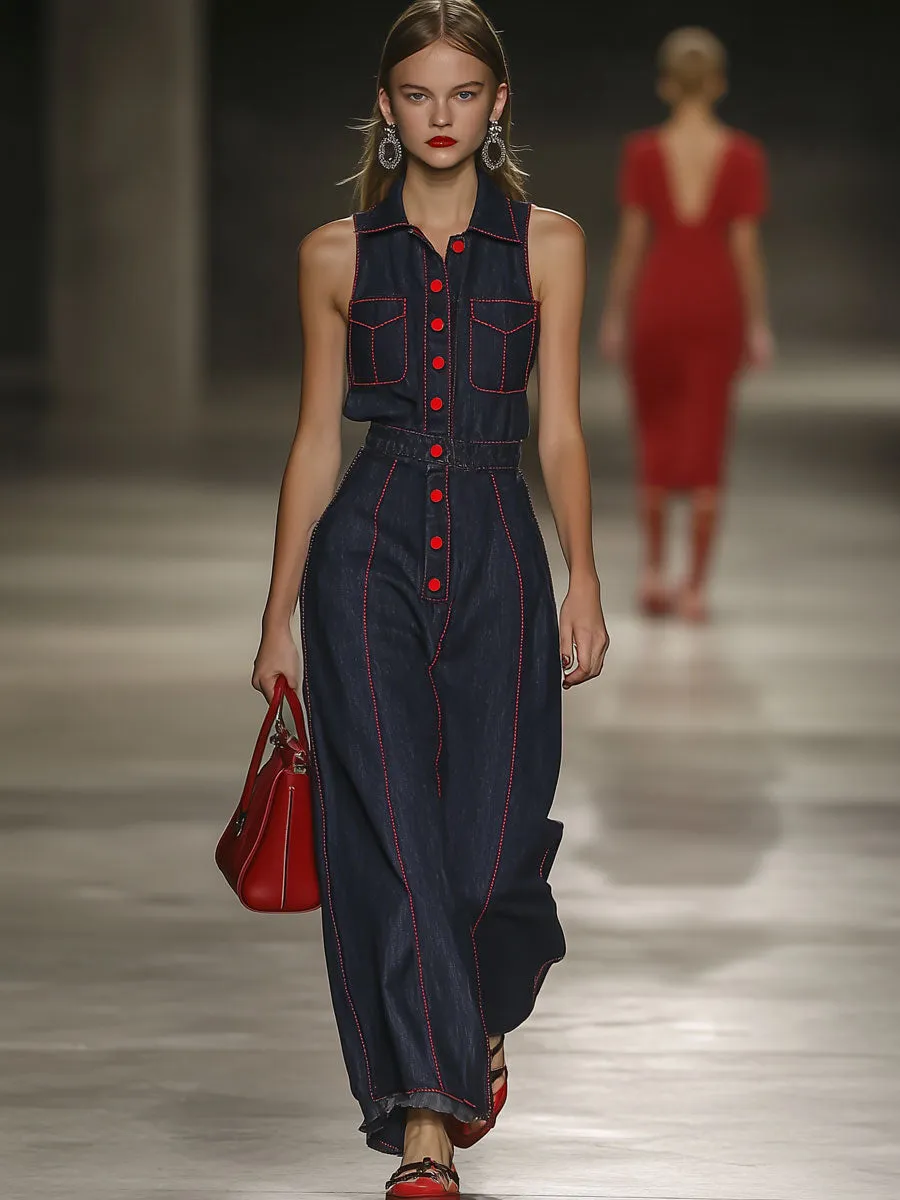 Casual Loose Retro Sleeveless Red Topstitched Denim Wide Leg Jumpsuit