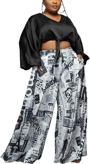 Casual Plus Size Wide Leg Palazzo Pants for Women Lounge High Waist Skirt Pants with Pockets Elastic Waistband