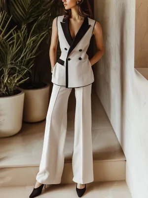 Chic Contrast Lapel Double-Breasted Vest and Wide-Leg Pants