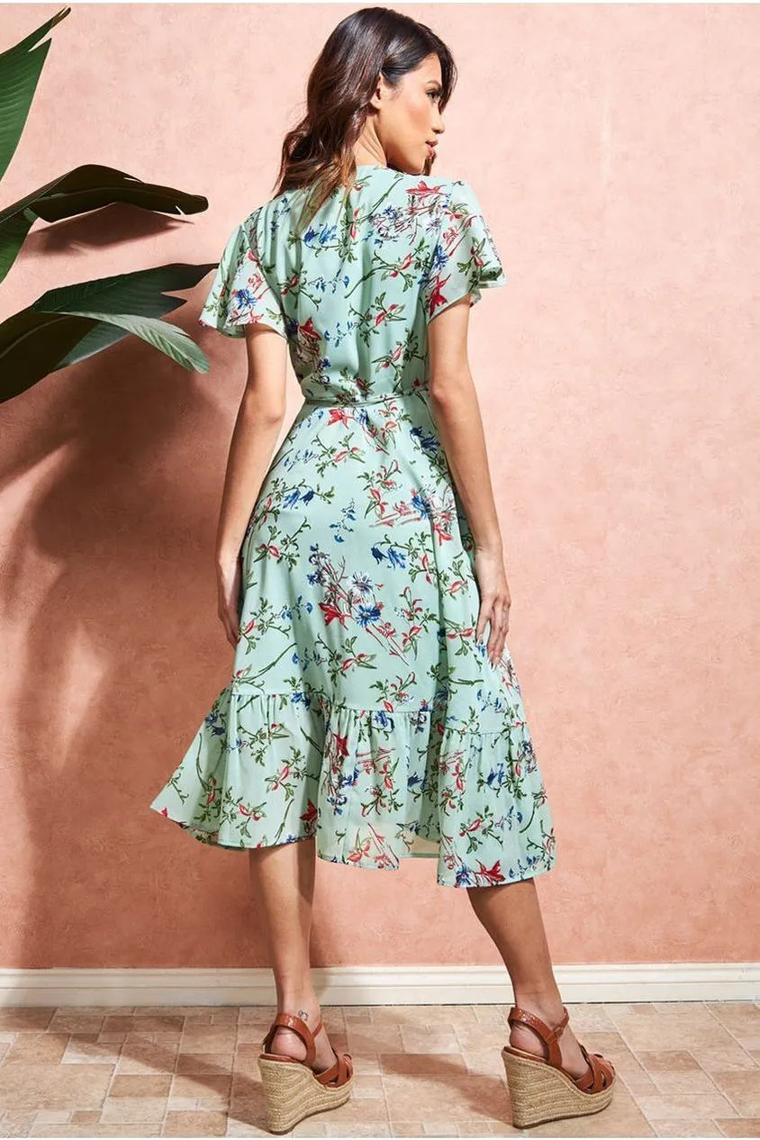 City Goddess Wrap Flutter Sleeve Floral Midi Dress - Mint