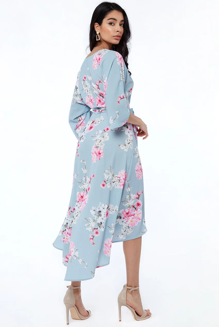 City Goddess Wrap Over Kimono Midi Dress