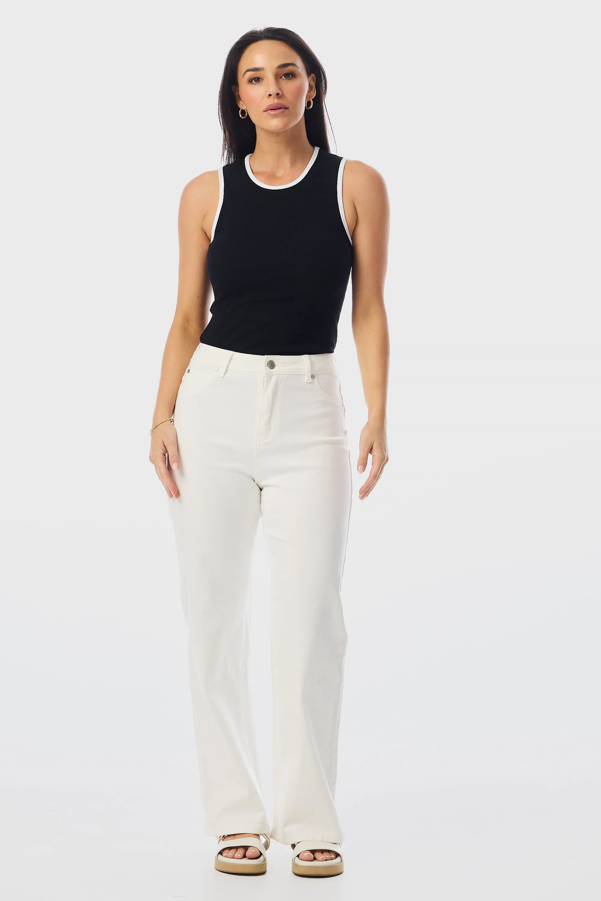 Contrast Ribbed Tank - Black