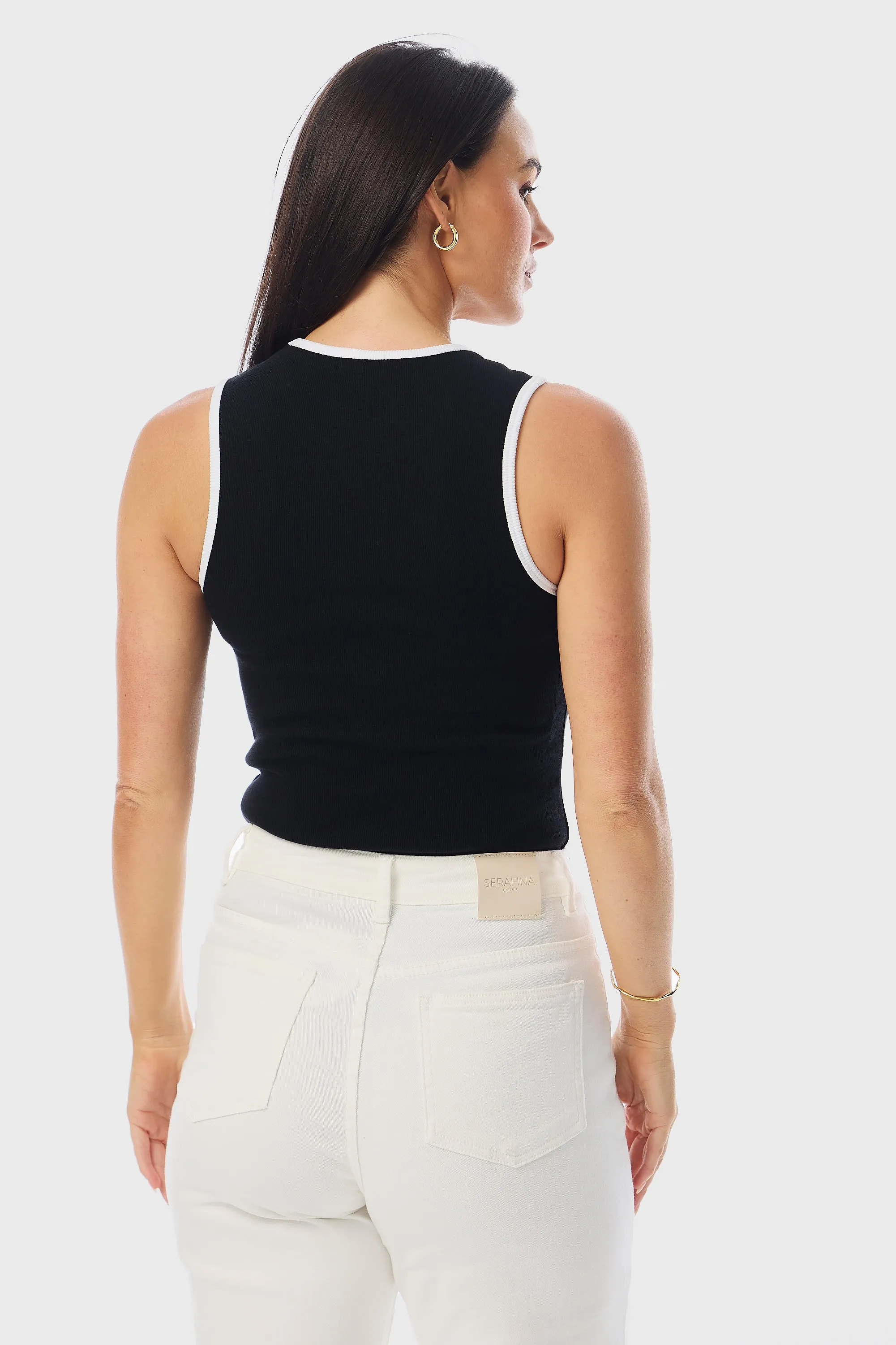 Contrast Ribbed Tank - Black