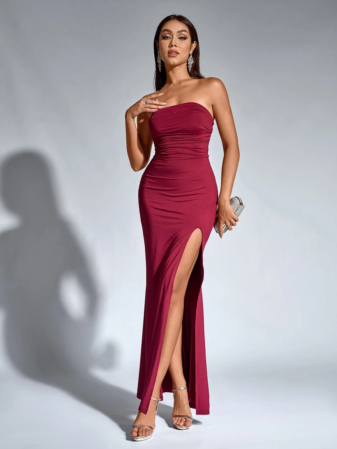 Crisscross Tie Back Split Thigh Ruched Tube Dress