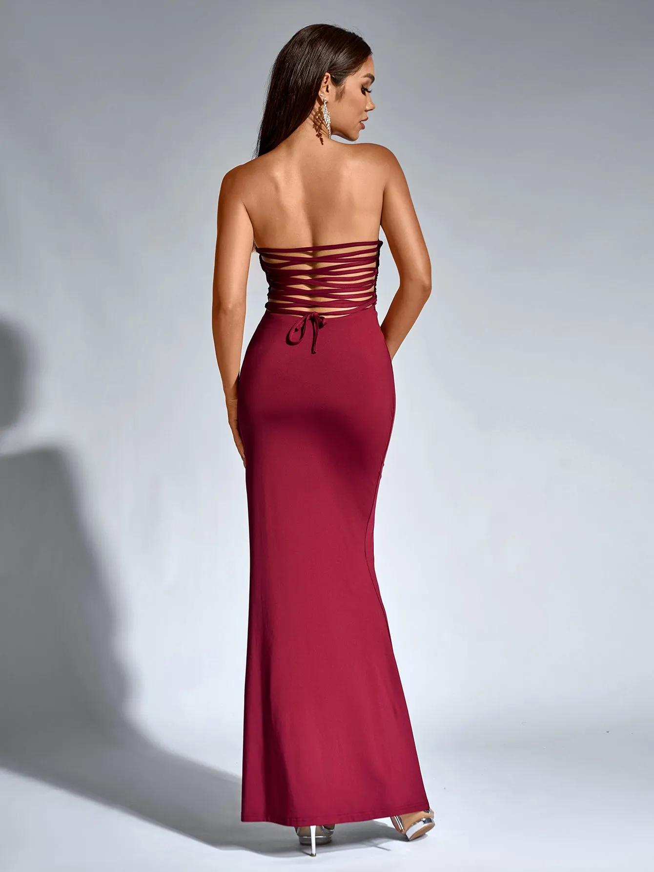 Crisscross Tie Back Split Thigh Ruched Tube Dress