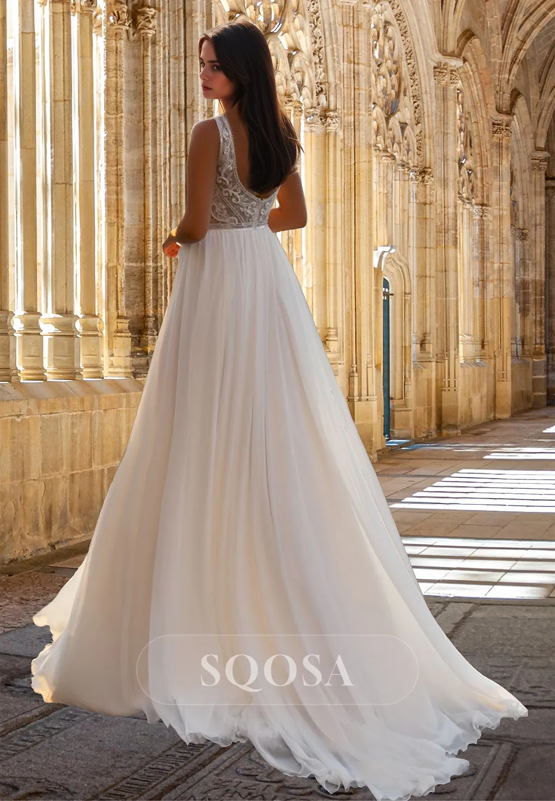 Deep V-Neck Straps Sleeveless Bride Gowns Off-Shoulder Lace Applique Chiffon A-Line Wedding Dress
