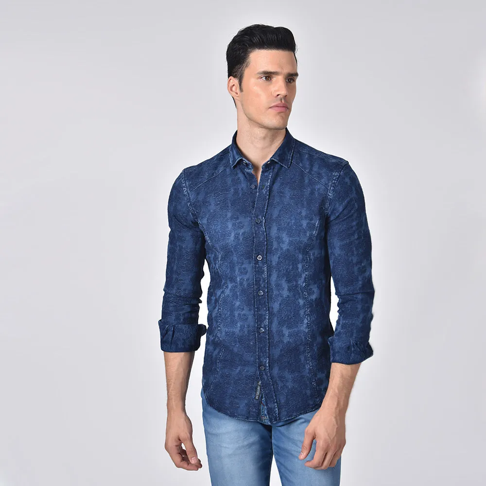 Denim Floral Jacquard Button Down Shirt
