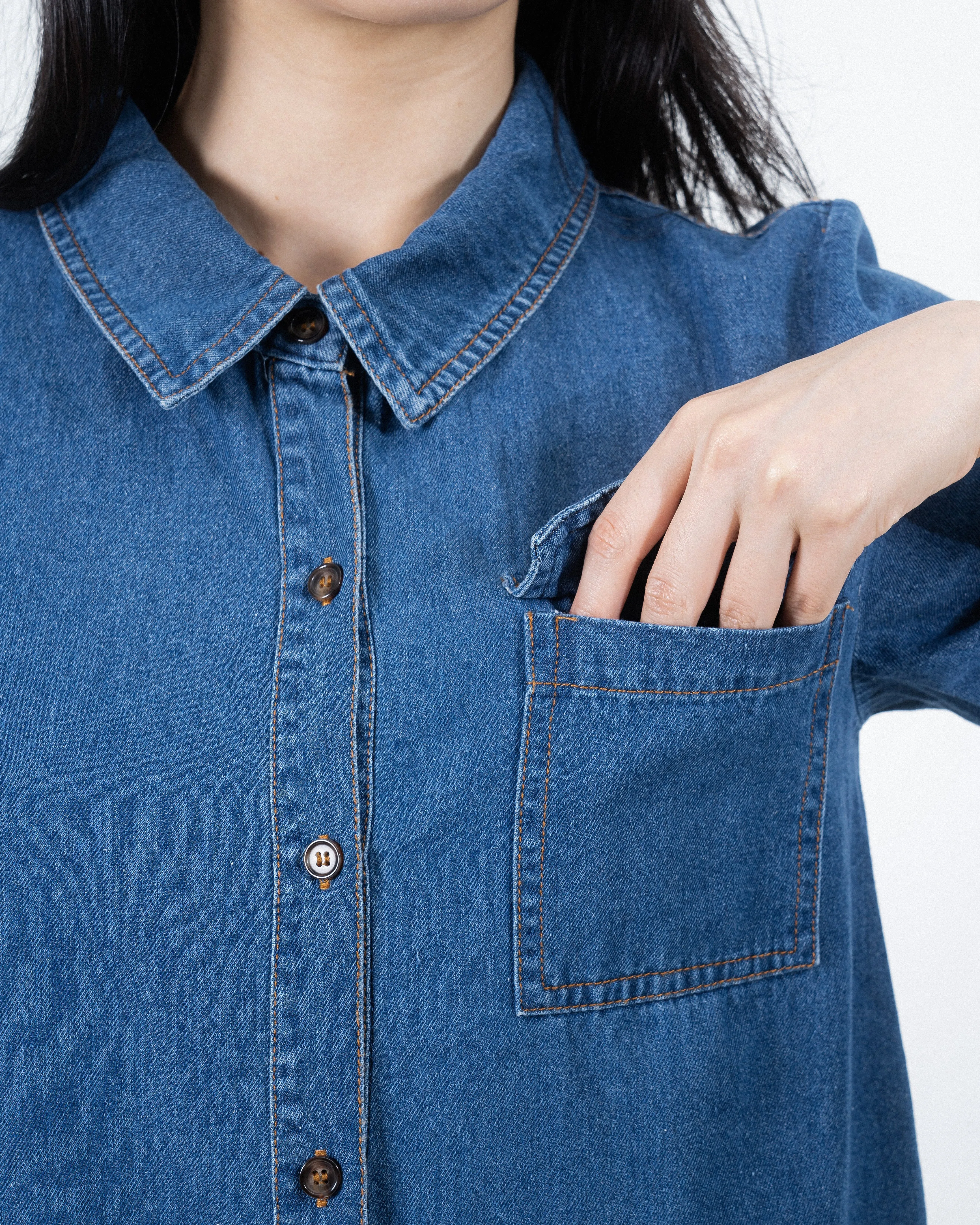 Denim Pocket Shirt Dress (Denim)