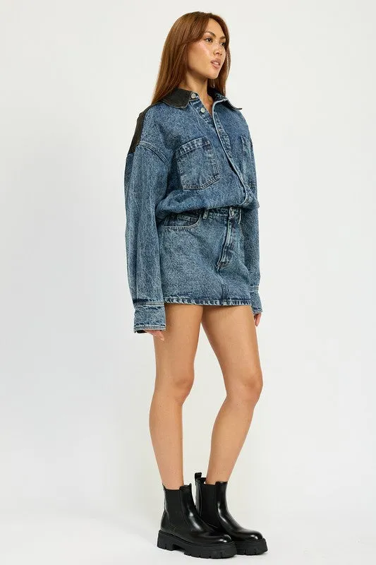 Edge Up Contrast Back Long Sleeve Denim Mini Dress
