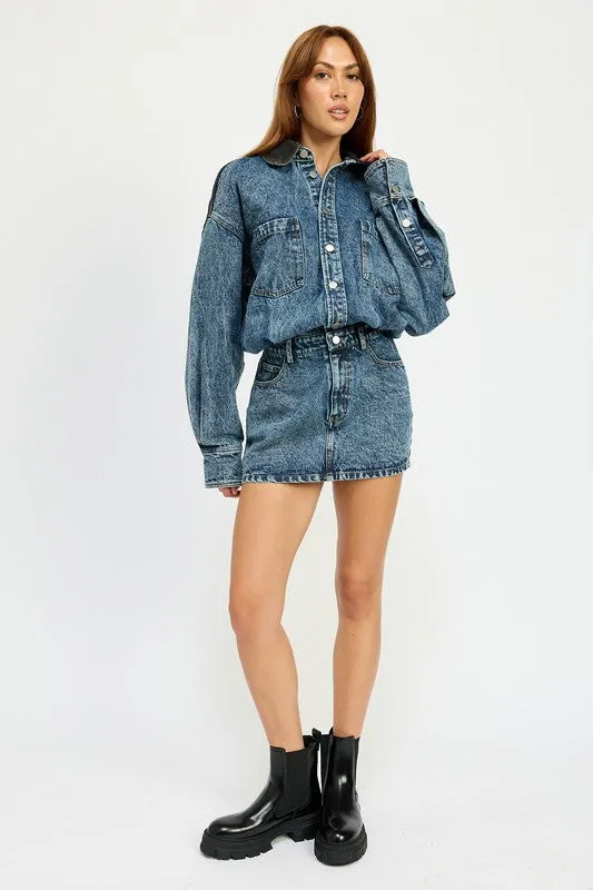 Edge Up Contrast Back Long Sleeve Denim Mini Dress
