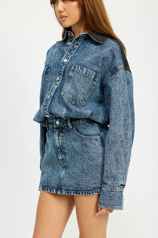 Edge Up Contrast Back Long Sleeve Denim Mini Dress