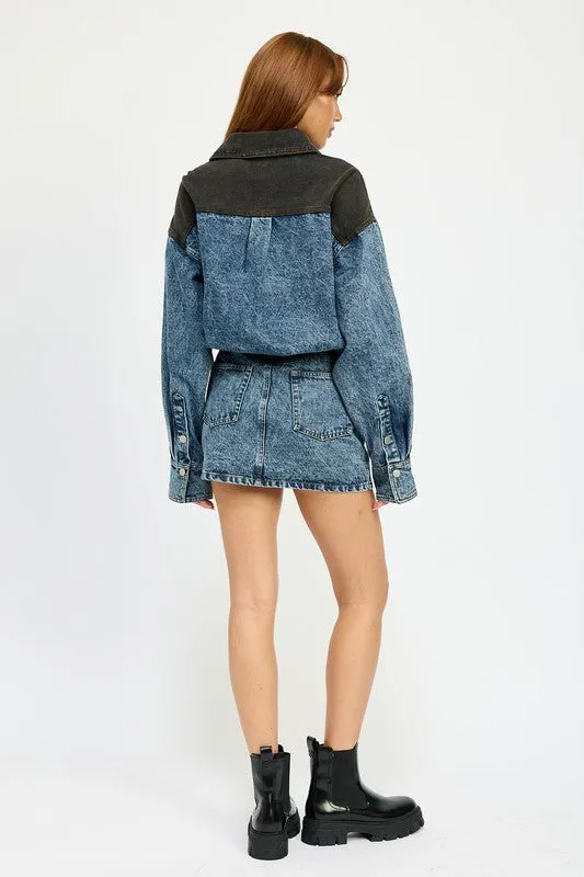 Edge Up Contrast Back Long Sleeve Denim Mini Dress